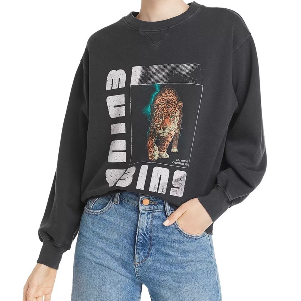 Anine Bing Wild Cat Graphic Sweatshirt Washed Black Cotton Size S